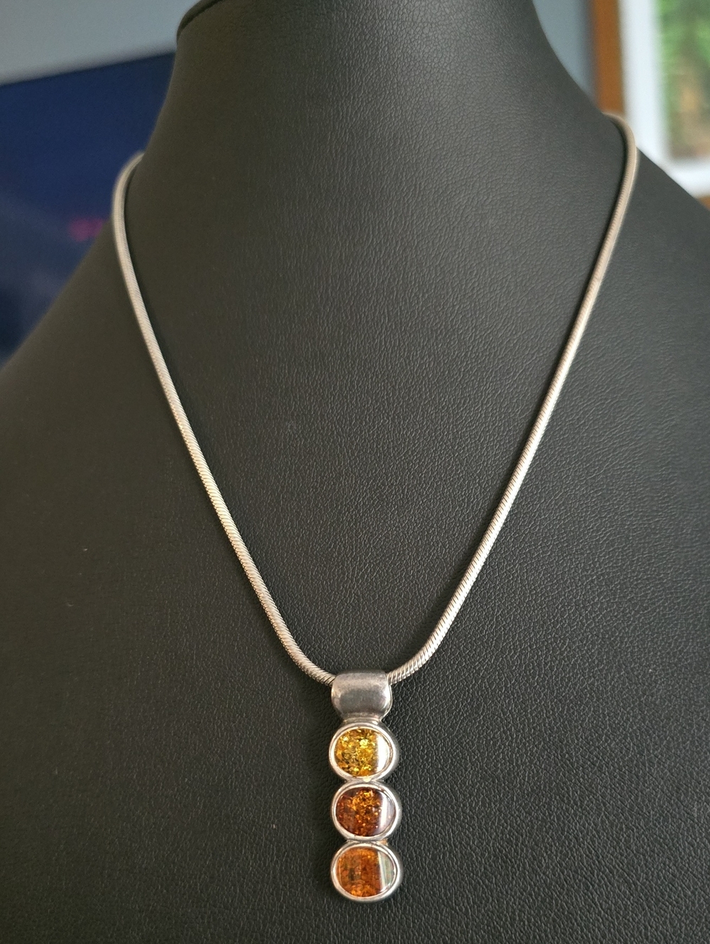 Silver Pendant Necklace with Amber Gemstone Drops - Yellow/Orange